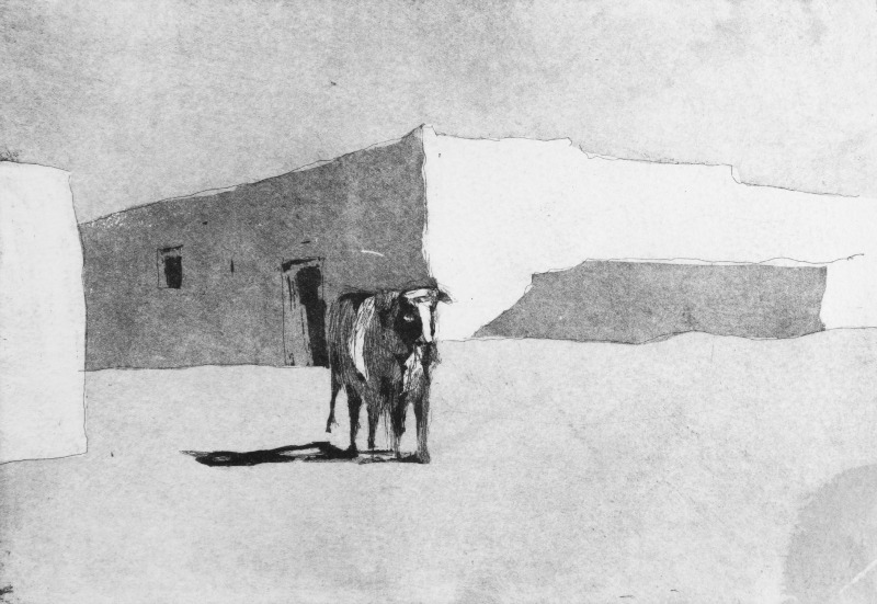 Description:  The cow taken from my NW frontier sketch book Pakistan, shows a lone cow stood in the burning heat of the day within a village square on top of a hill. A broken water pump which once brought water up the hill from the Kabul River standing idle. We went there to engage with our neighbours our camp not far away the idea to fix the pump show the villages we could help, build trust between them and us. Wonder if the pump still works or another cow stands alone in the village square.